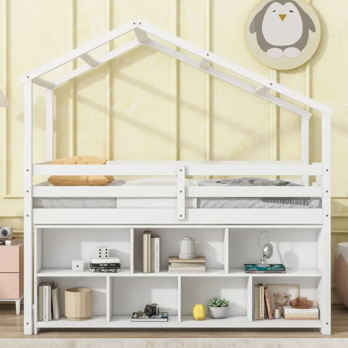 House Loft Bed With Roof Frame, Under Bed Shelving Storage Unit, Guardrails, Ladder