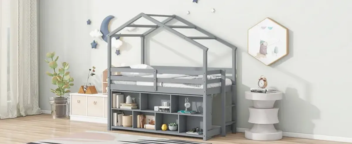 House Loft Bed With Roof Frame, Under Bed Shelving Storage Unit, Guardrails, Ladder