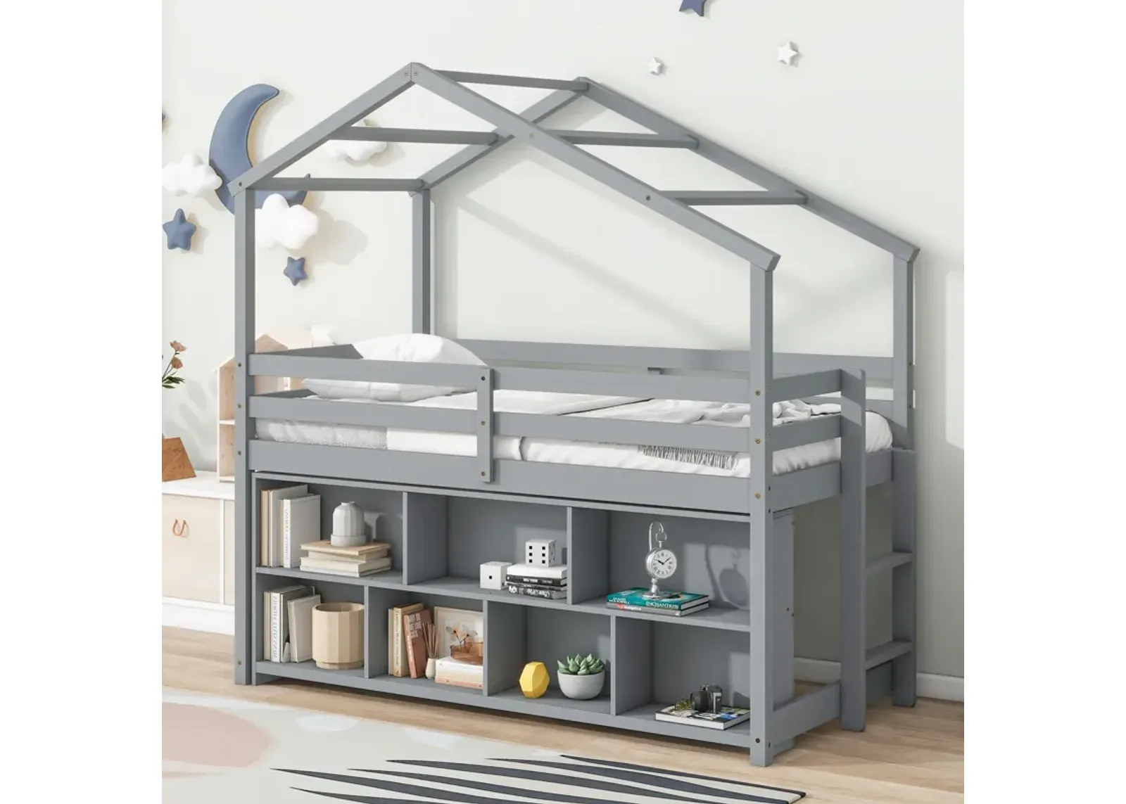 House Loft Bed With Roof Frame, Under Bed Shelving Storage Unit, Guardrails, Ladder