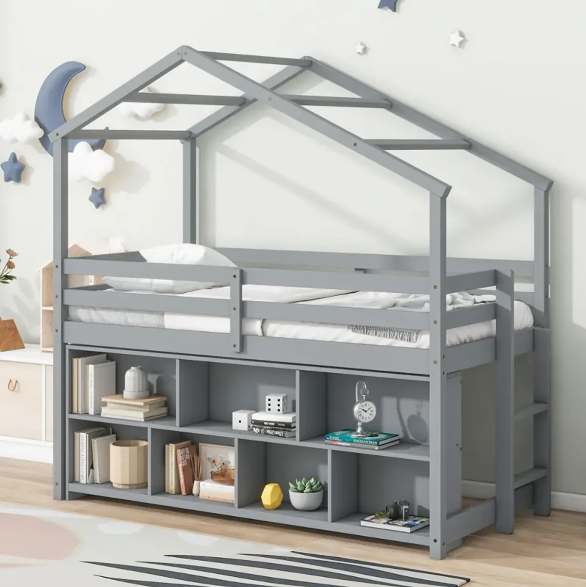 House Loft Bed With Roof Frame, Under Bed Shelving Storage Unit, Guardrails, Ladder