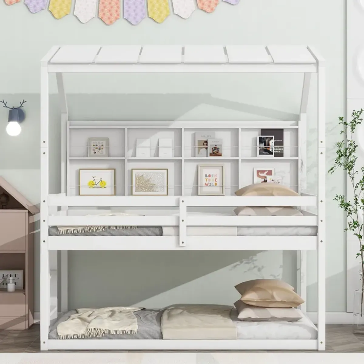 House Loft Bed With Guardrails, Semi-Enclosed Roof, Bedside Shelves And Ladder