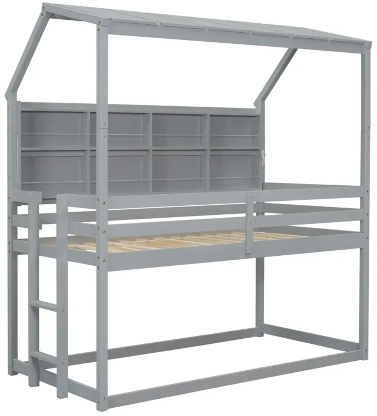 House Loft Bed With Guardrails, Semi-Enclosed Roof, Bedside Shelves And Ladder