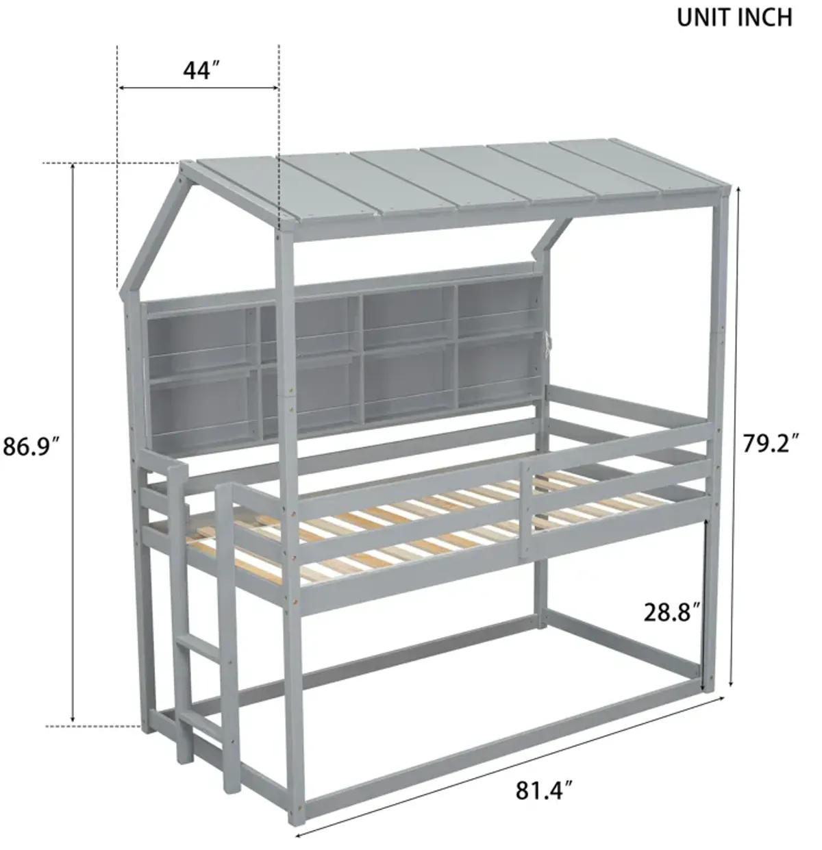 House Loft Bed With Guardrails, Semi-Enclosed Roof, Bedside Shelves And Ladder