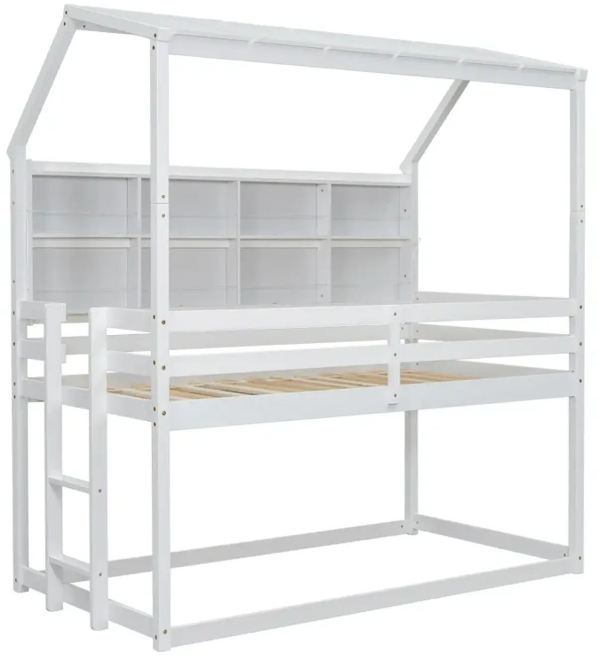 House Loft Bed With Guardrails, Semi-Enclosed Roof, Bedside Shelves And Ladder