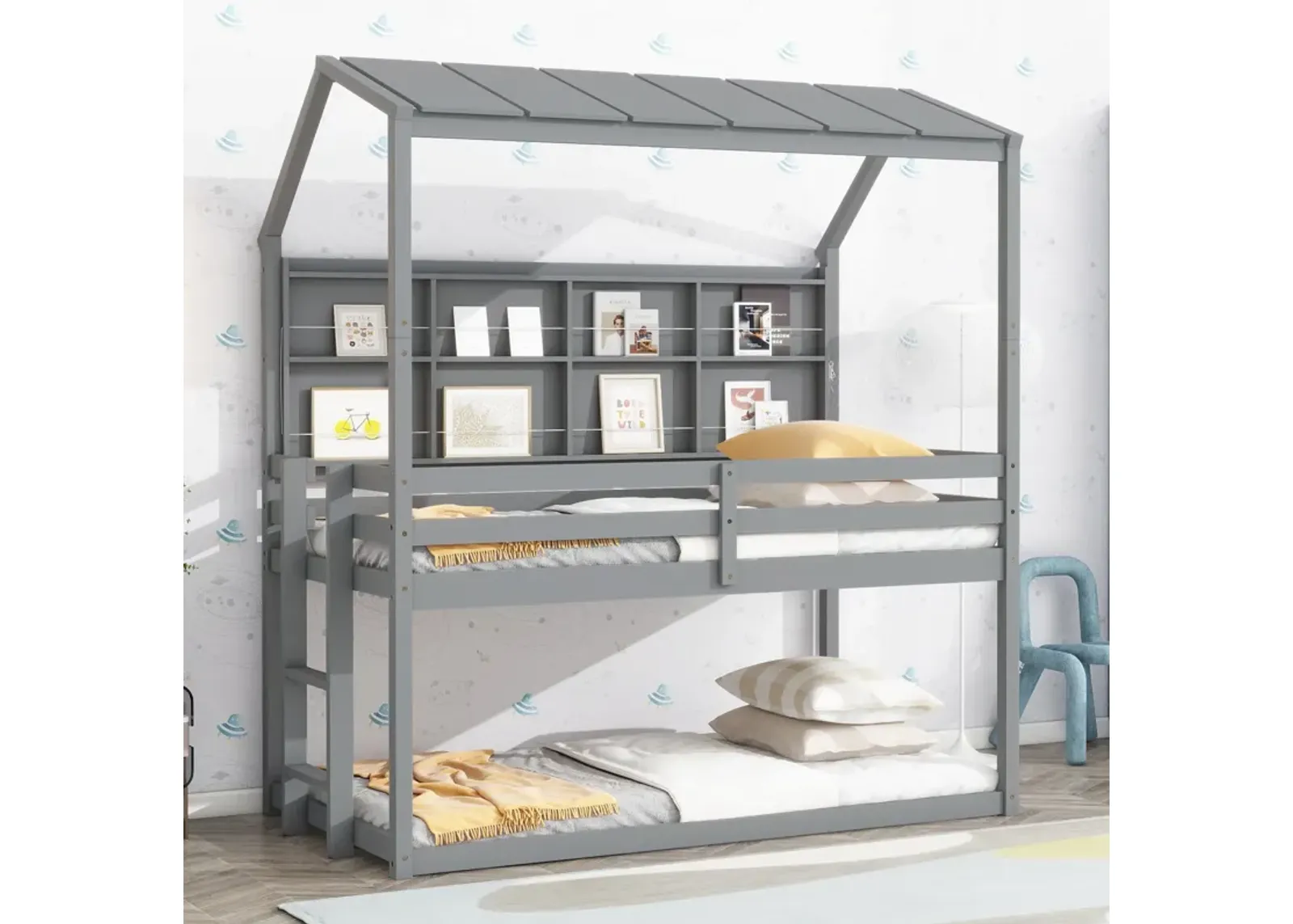 House Loft Bed With Guardrails, Semi-Enclosed Roof, Bedside Shelves And Ladder