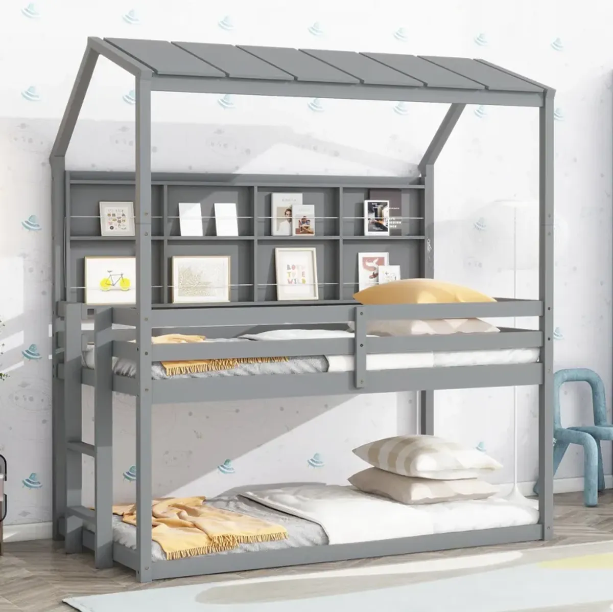 House Loft Bed With Guardrails, Semi-Enclosed Roof, Bedside Shelves And Ladder