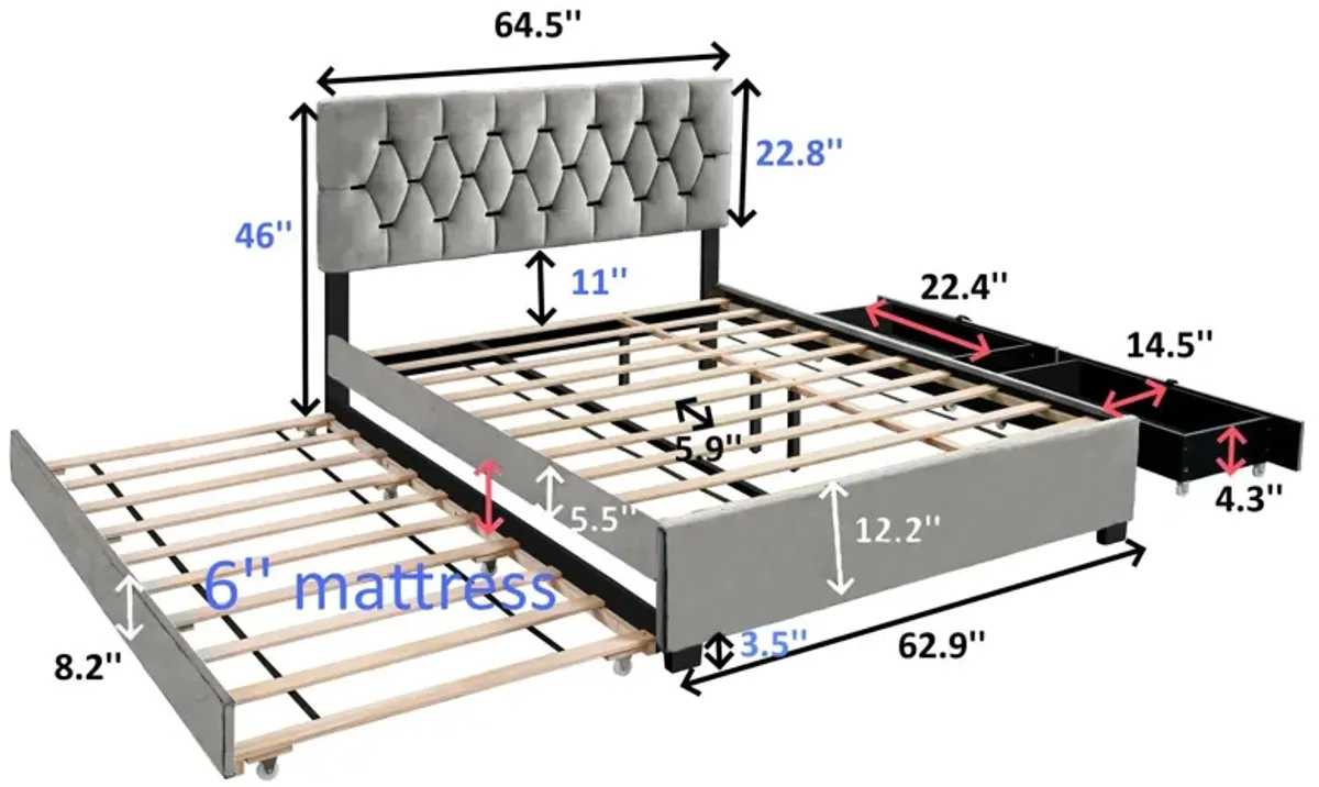 Trundle Pull Out Drawers Storage Upholstered Bed Modern Design No Box Spring Required