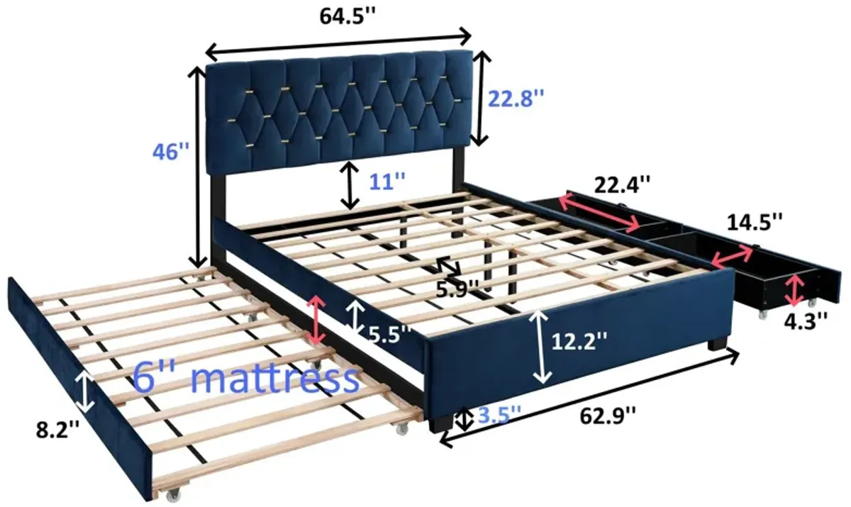 Trundle Pull Out Drawers Storage Upholstered Bed Modern Design No Box Spring Required