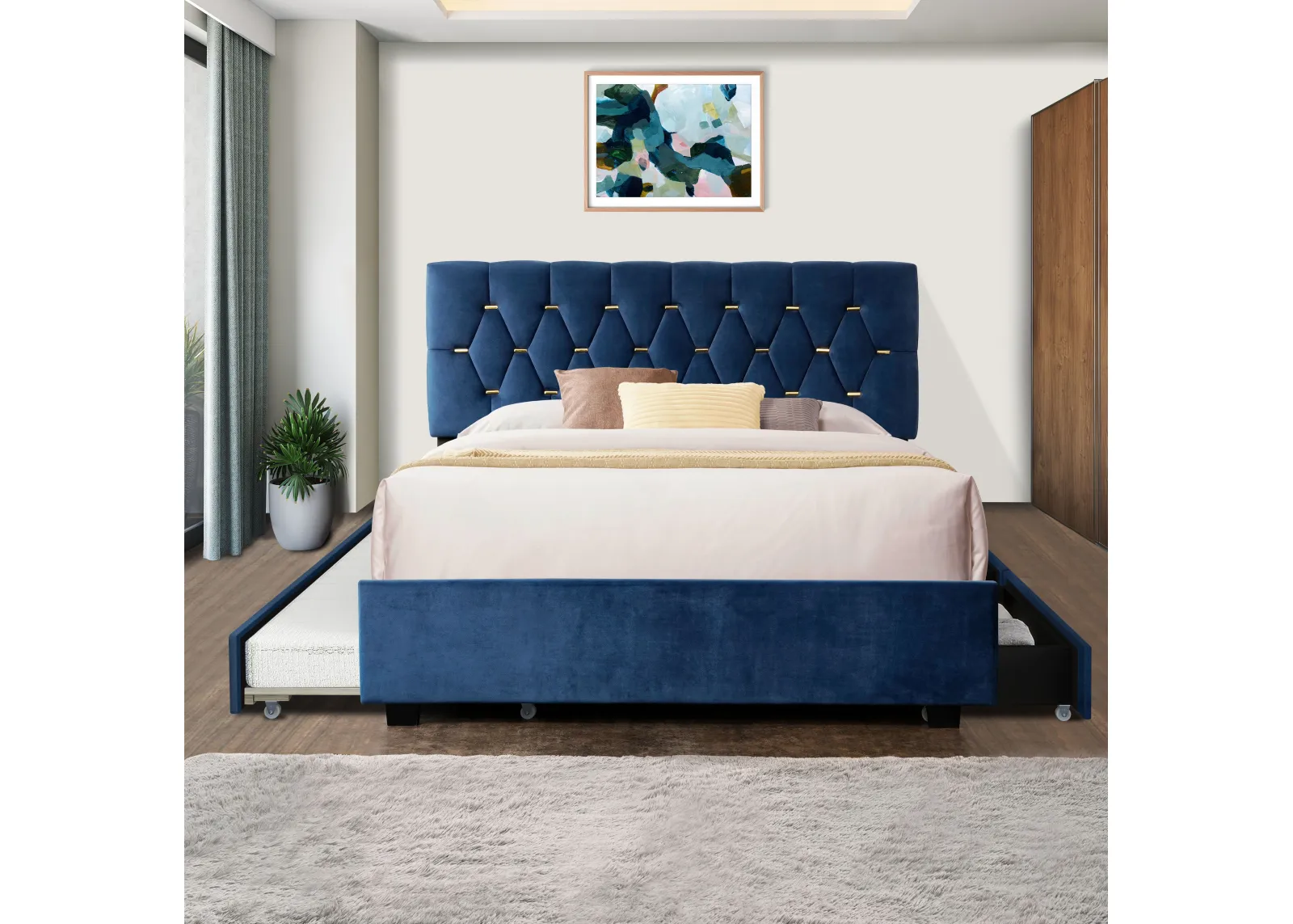 Trundle Pull Out Drawers Storage Upholstered Bed Modern Design No Box Spring Required