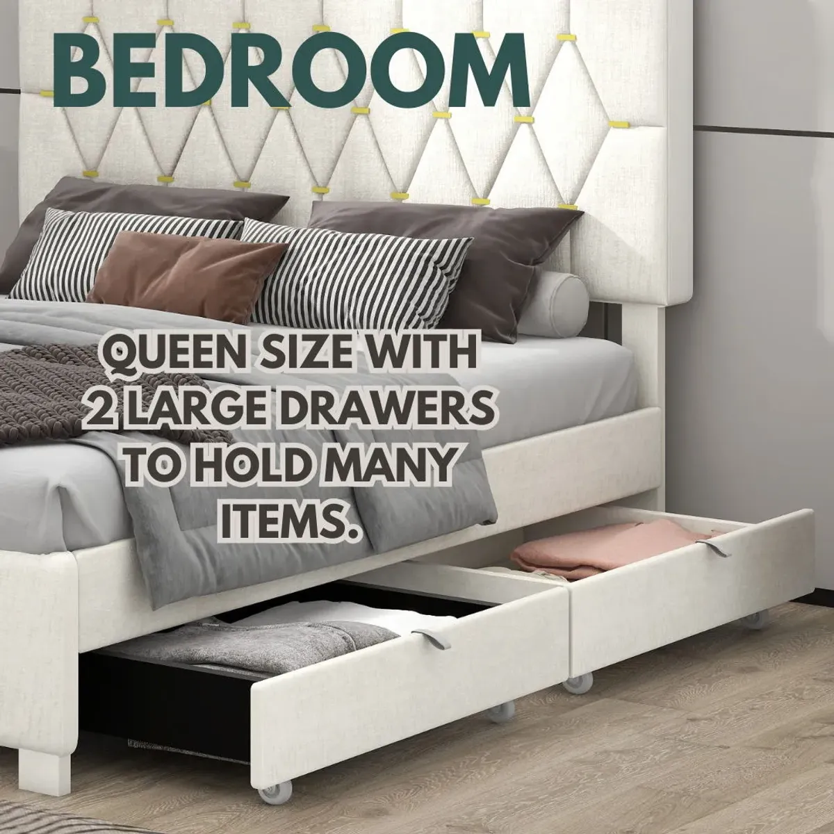 Trundle Pull Out Drawers Storage Upholstered Bed Modern Design No Box Spring Required