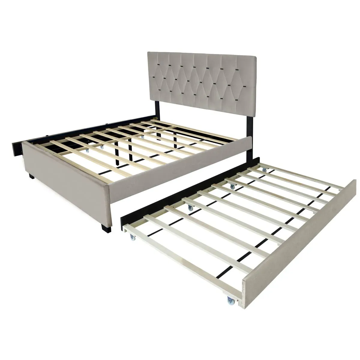 Trundle Pull Out Drawers Storage Upholstered Bed Modern Design No Box Spring Required