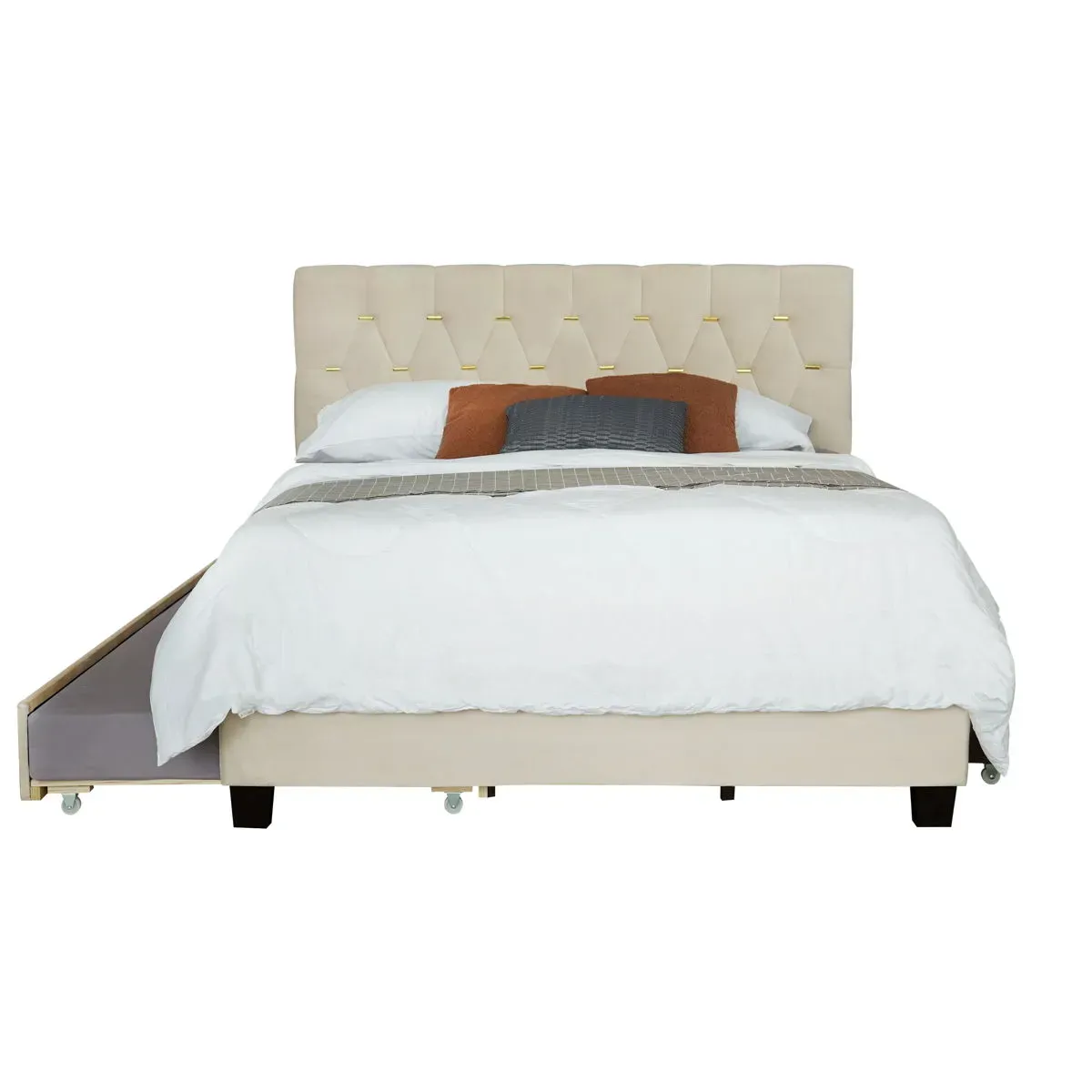 Trundle Pull Out Drawers Storage Upholstered Bed Modern Design No Box Spring Required