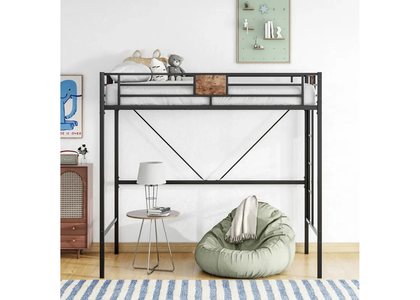 Metal Twin Loft Bed Frame With Stairs & Full-Length Guardrail, Space-Saving Design, No Box Spring Needed, Noise Free - Black