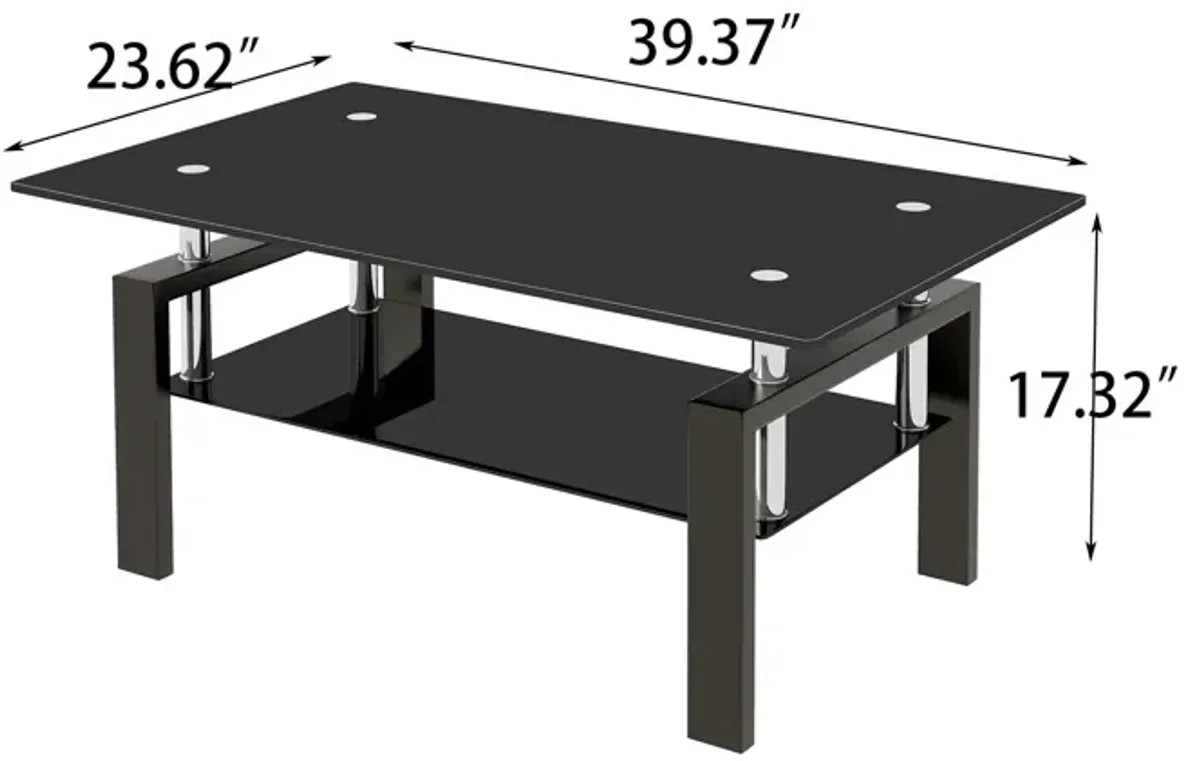 Tempered Glass Coffee Table, 2 Layer Storage Tea Table - Black