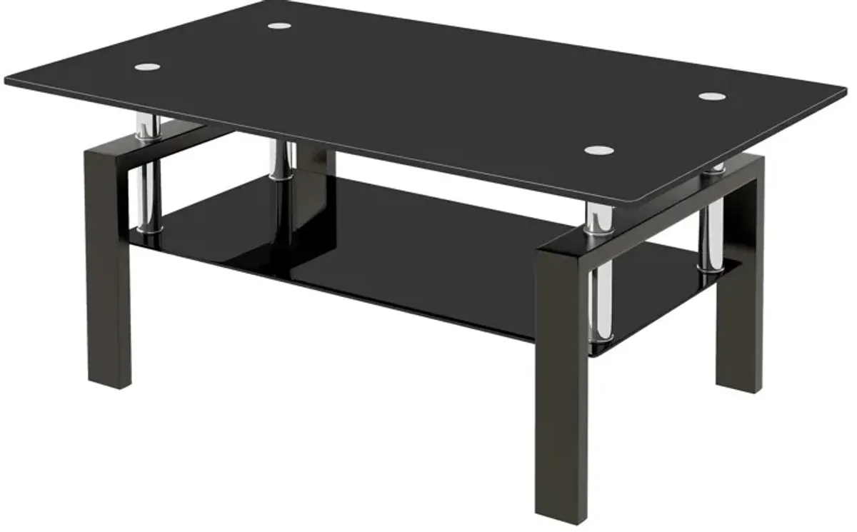 Tempered Glass Coffee Table, 2 Layer Storage Tea Table - Black