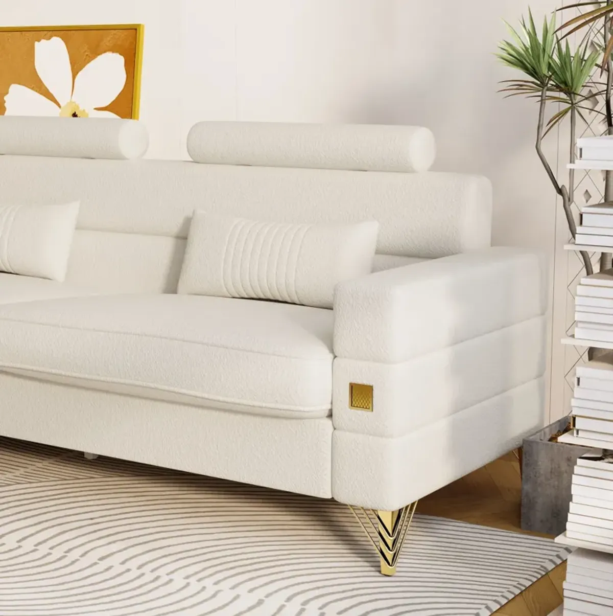 Fx-P15-Wb (Sofa) Elegant Imitation Wool Circle Fabric Sofa With Adjustable Headrests, Contemporary 3-Seat Couch With Gold Legs, Perfect For Living Room And Office Decor (Temu Suitable) - White