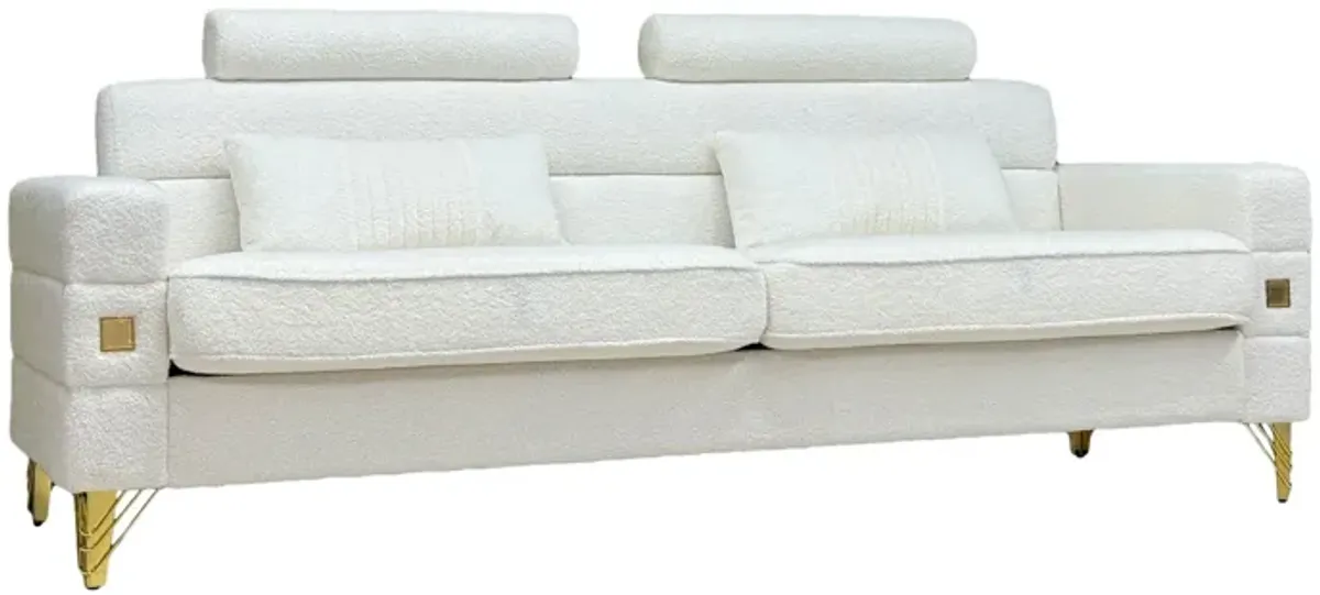 Fx-P15-Wb (Sofa) Elegant Imitation Wool Circle Fabric Sofa With Adjustable Headrests, Contemporary 3-Seat Couch With Gold Legs, Perfect For Living Room And Office Decor (Temu Suitable) - White