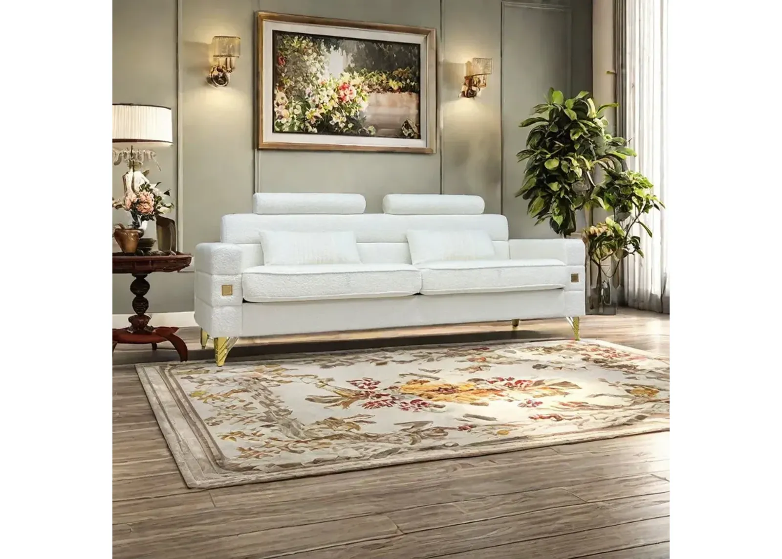 Fx-P15-Wb (Sofa) Elegant Imitation Wool Circle Fabric Sofa With Adjustable Headrests, Contemporary 3-Seat Couch With Gold Legs, Perfect For Living Room And Office Decor (Temu Suitable) - White