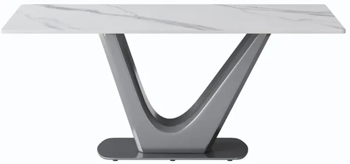 70.84" Modern Artificial Stone Panel V-Shaped Metal Legs, Can Accommodate 6-8 People - White / Gray