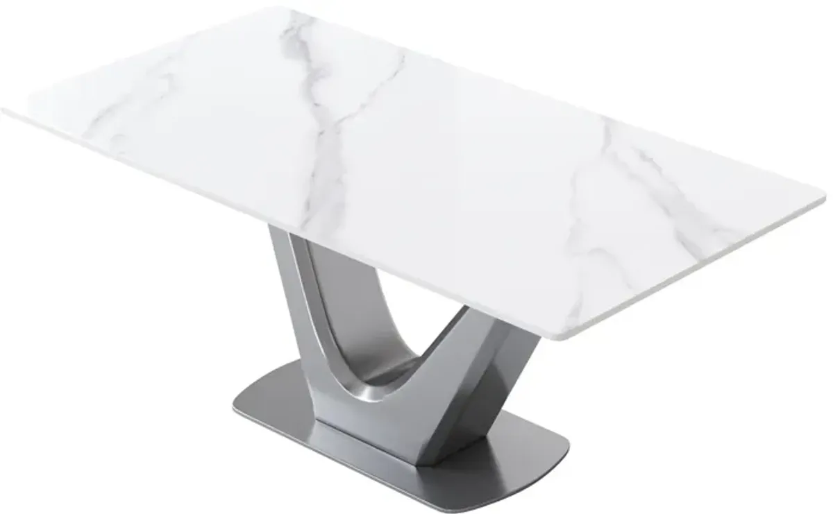 70.84" Modern Artificial Stone Panel V-Shaped Metal Legs, Can Accommodate 6-8 People - White / Gray