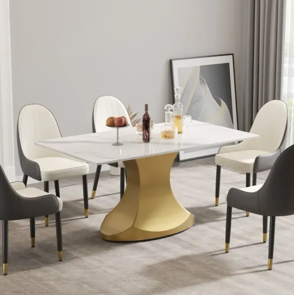 63" Modern Artificial Stone Panel Golden Stainless Steel Curved Legs, Can Accommodate 6-8 People - White / Gold