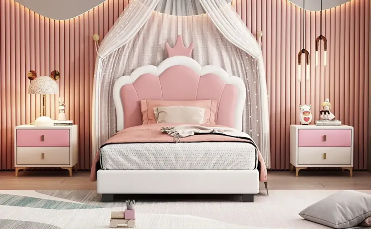 Twin Size Upholstered Princess Bed With Crown Headboard, Twin Size Platform Bed With Headboard And Footboard - White / Pink