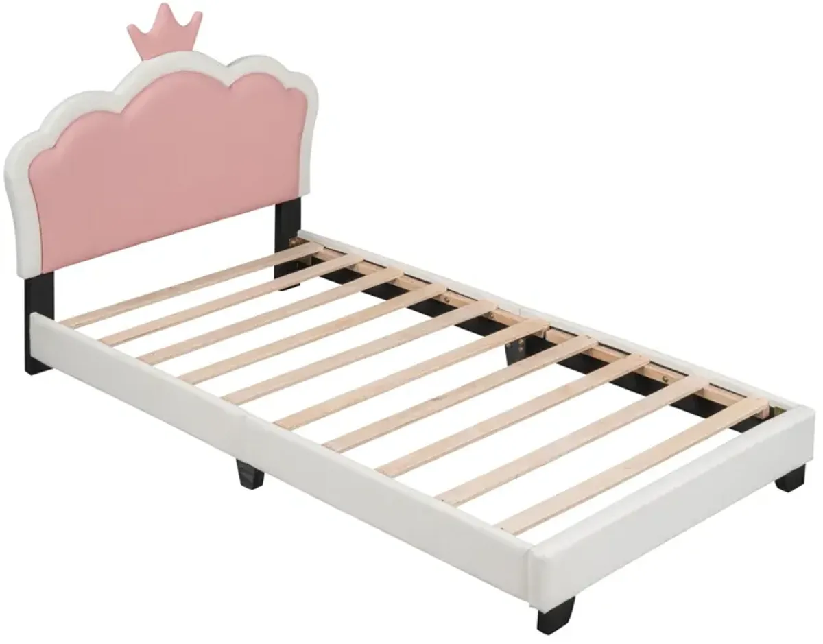 Twin Size Upholstered Princess Bed With Crown Headboard, Twin Size Platform Bed With Headboard And Footboard - White / Pink