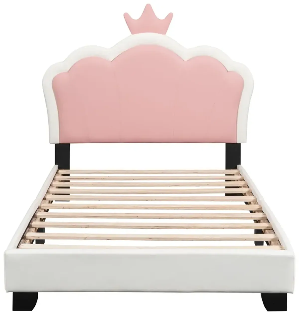 Twin Size Upholstered Princess Bed With Crown Headboard, Twin Size Platform Bed With Headboard And Footboard - White / Pink