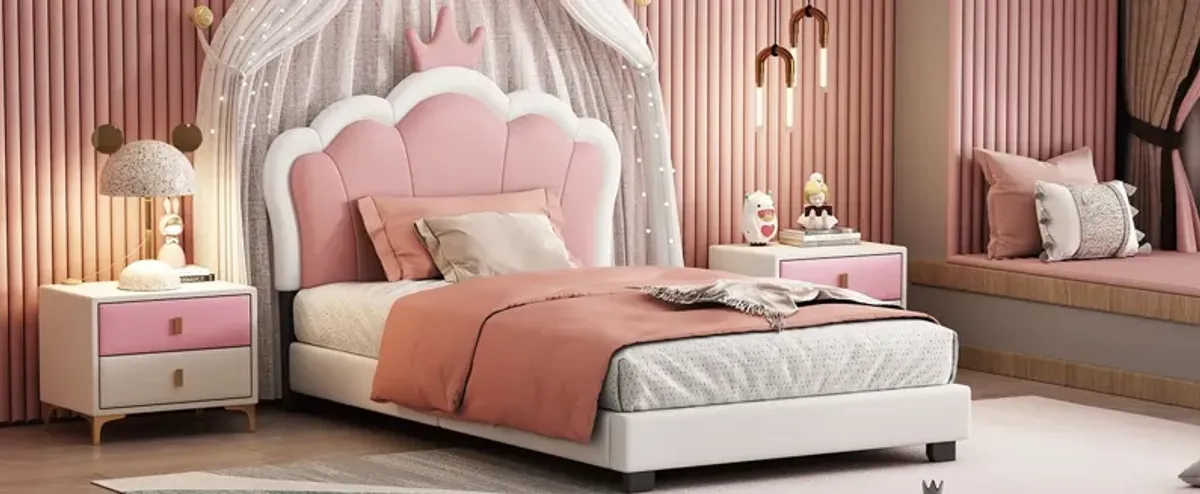 Twin Size Upholstered Princess Bed With Crown Headboard, Twin Size Platform Bed With Headboard And Footboard - White / Pink