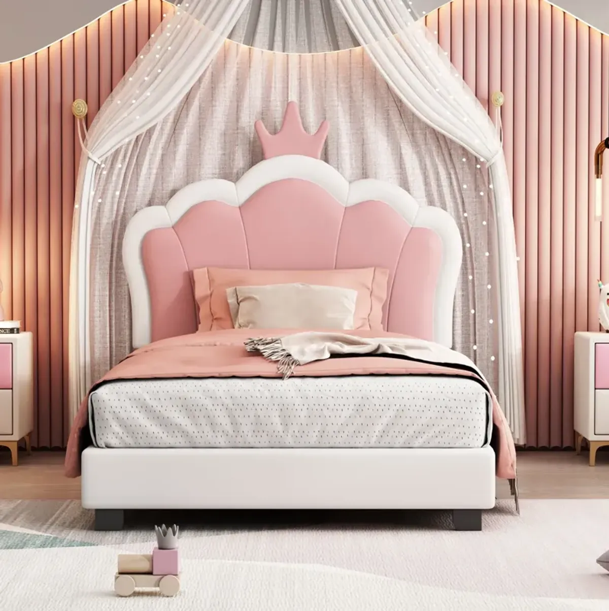 Twin Size Upholstered Princess Bed With Crown Headboard, Twin Size Platform Bed With Headboard And Footboard - White / Pink