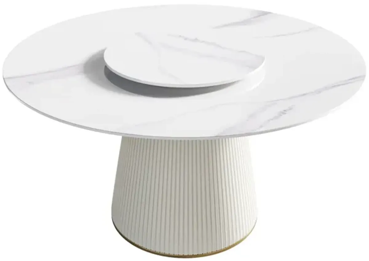 Modern Artificial Stone Round Plywood PU Base Dining Table, Can Accommodate 6 People, Artificial Stone Turntable (Not Including Chairs) - White / Beige