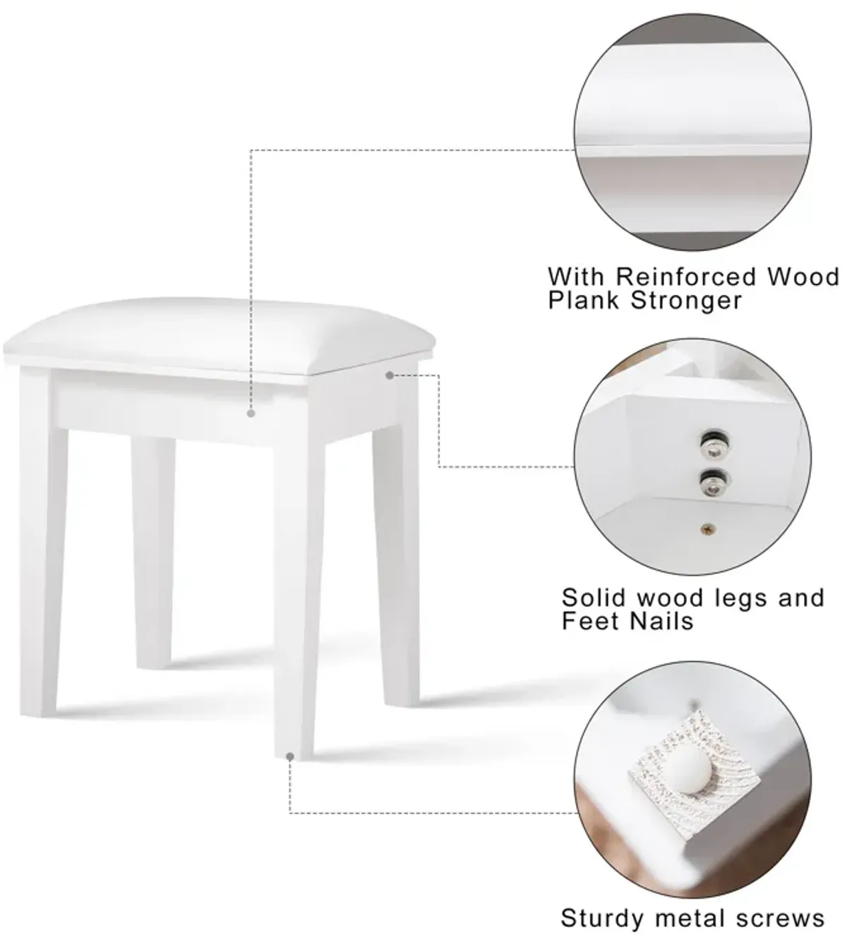 Vanity Stool, Makeup Bench Dressing Stool With Cushion And Solid Legs - White