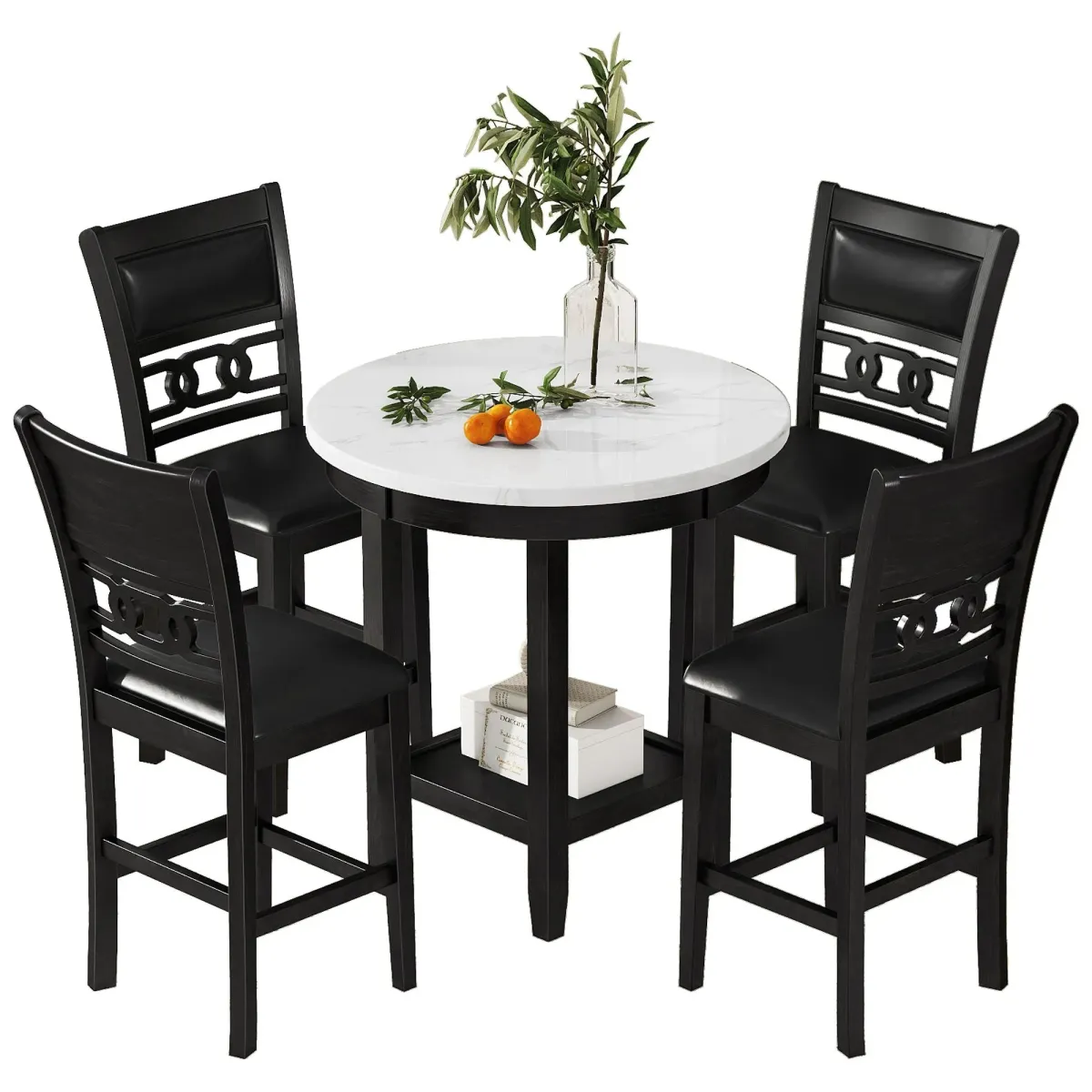 5 Piece Counter Height Dining Round Table Set With One Faux Marble Top Dining Table And Four Pu-Leather Chairs - Dark Espresso