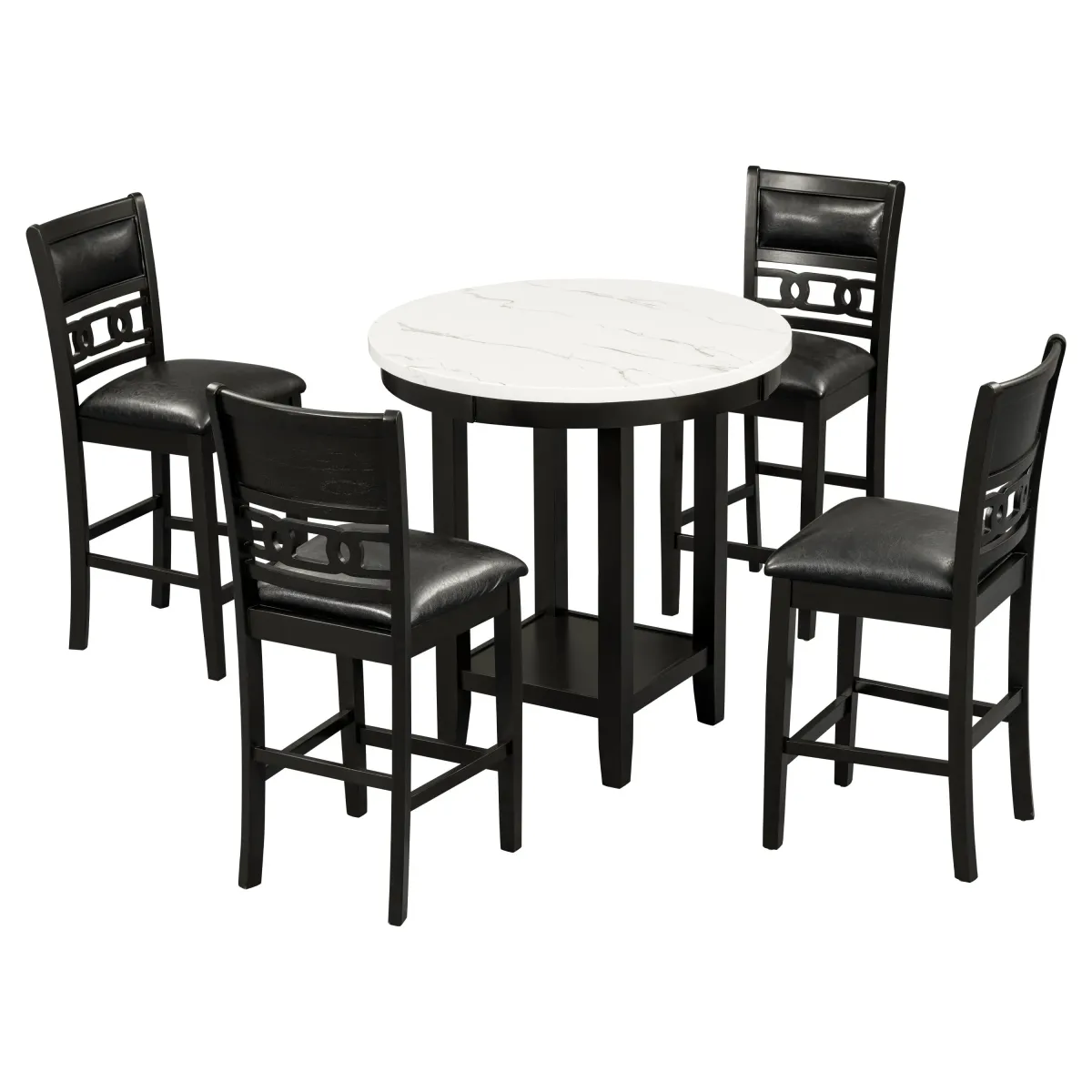 5 Piece Counter Height Dining Round Table Set With One Faux Marble Top Dining Table And Four Pu-Leather Chairs - Dark Espresso