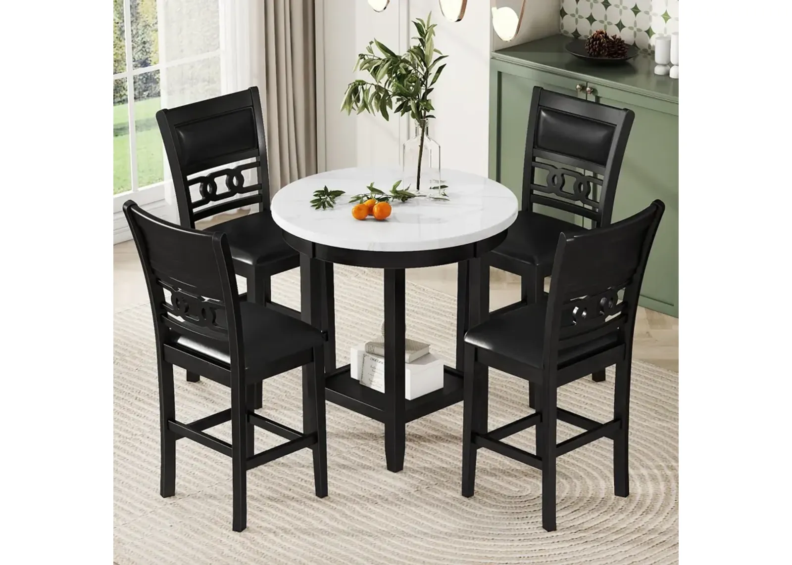 5 Piece Counter Height Dining Round Table Set With One Faux Marble Top Dining Table And Four Pu-Leather Chairs - Dark Espresso