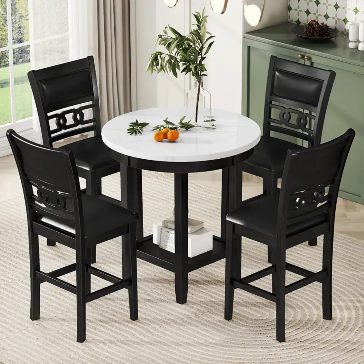 5 Piece Counter Height Dining Round Table Set With One Faux Marble Top Dining Table And Four Pu-Leather Chairs - Dark Espresso