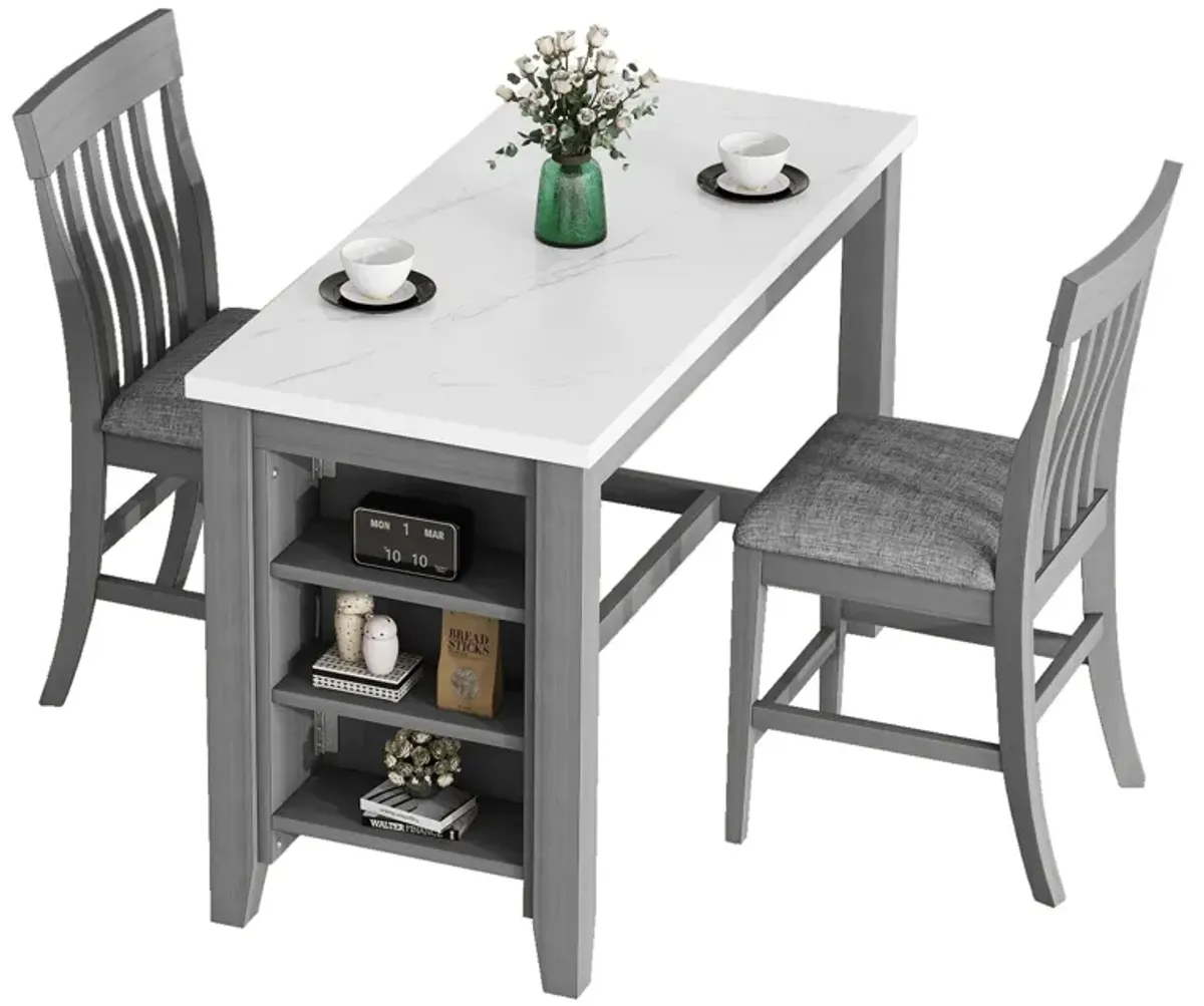 3-Piece Counter Height Dining Table Set With Built-In Storage Shelves, One Faux Marble Top Dining Table And 2 Counter Chairs With Footrest - Gray