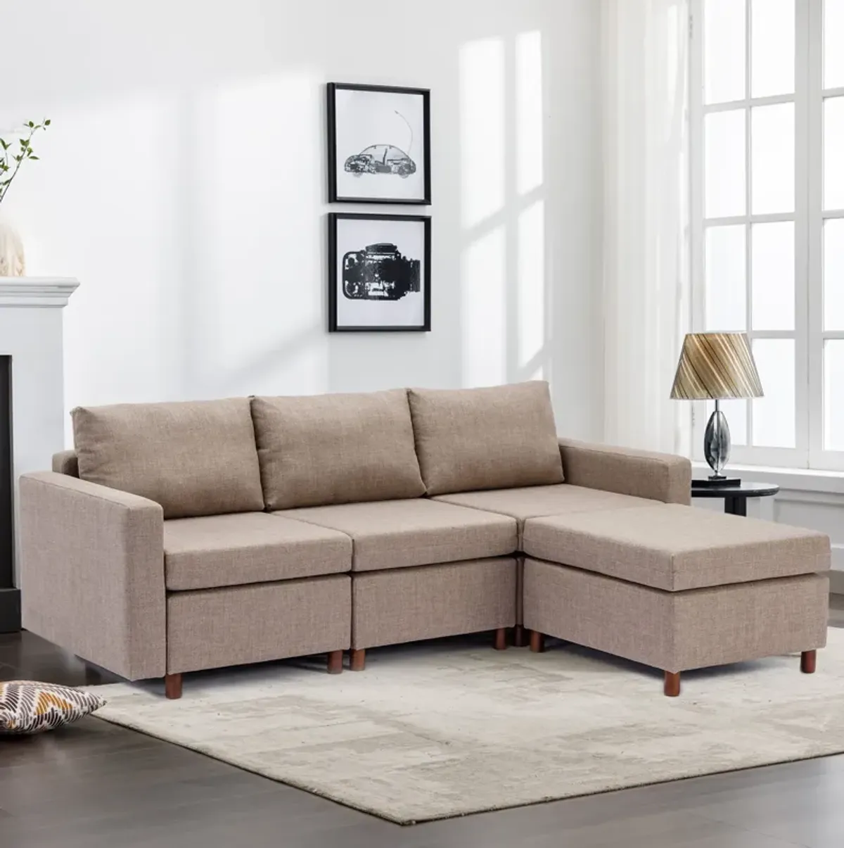 3 Seat Module Sectional Sofa Couch With 1 Ottoman For Living Room, Seat Cushion And Back Cushion Non-Removable And Non-Washable