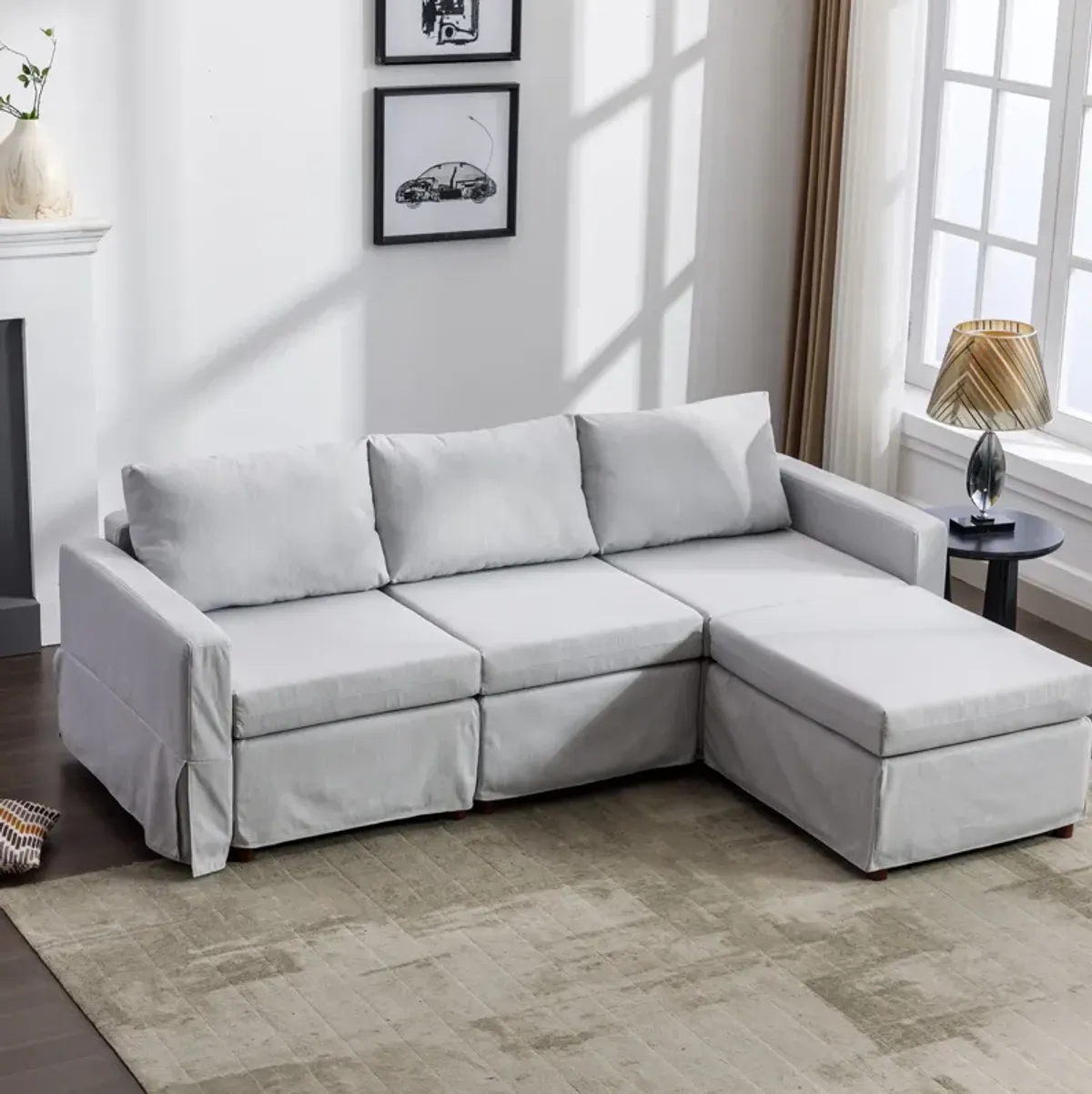 3 Seat Module Sectional Sofa Couch With 1 Ottoman For Living Room, Seat Cushion And Back Cushion Non-Removable And Non-Washable