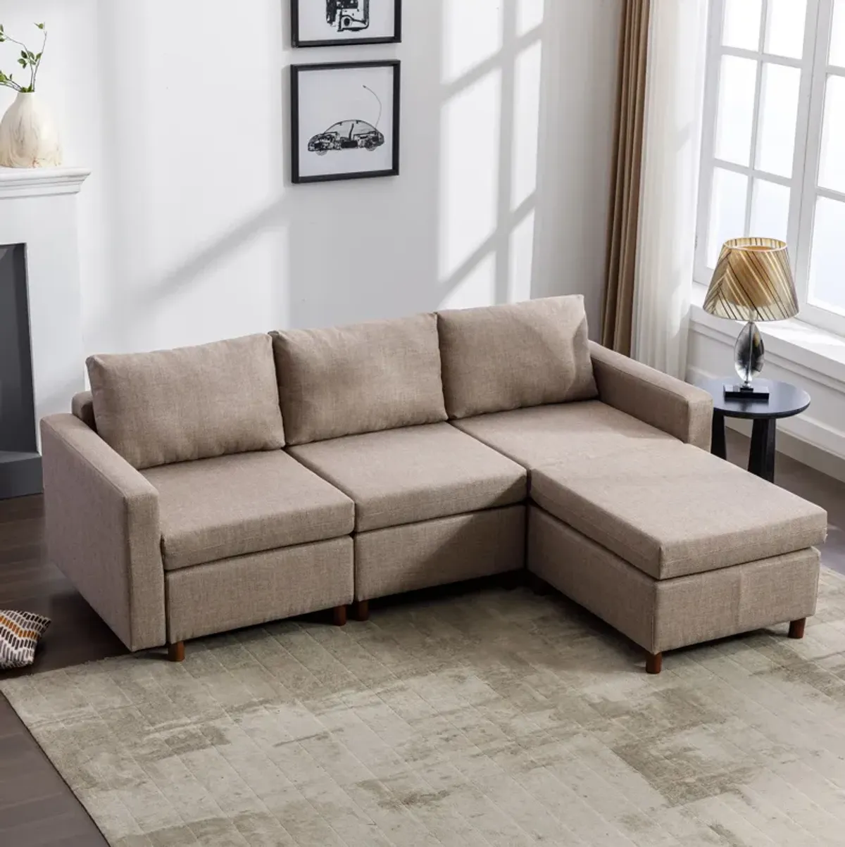 3 Seat Module Sectional Sofa Couch With 1 Ottoman For Living Room, Seat Cushion And Back Cushion Non-Removable And Non-Washable