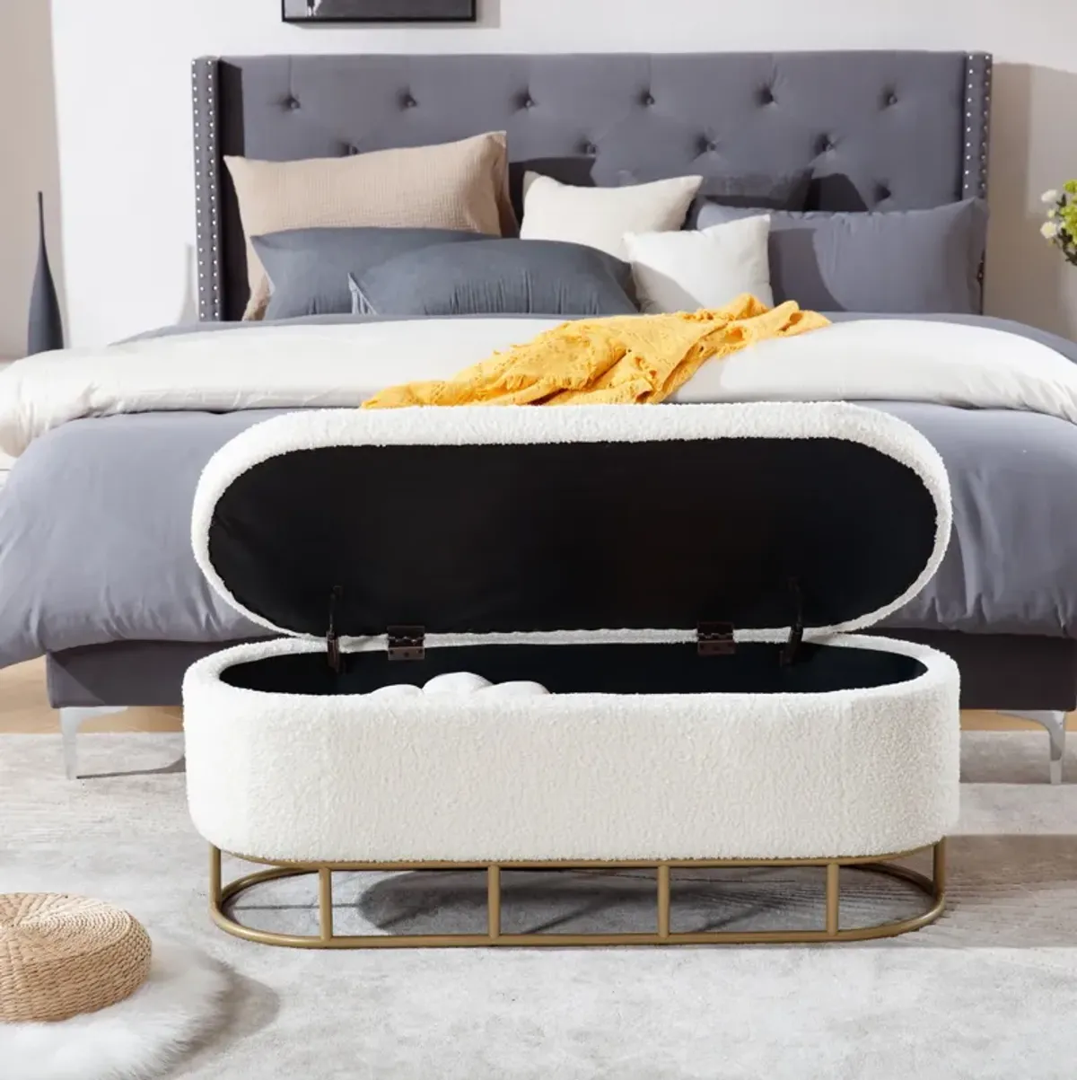 Oval Storage Bench For Living Room Bedroom End Of Bed, Sherpa Fabric Plush Upholstered Storage Ottoman Entryway Bench With Metal Legs