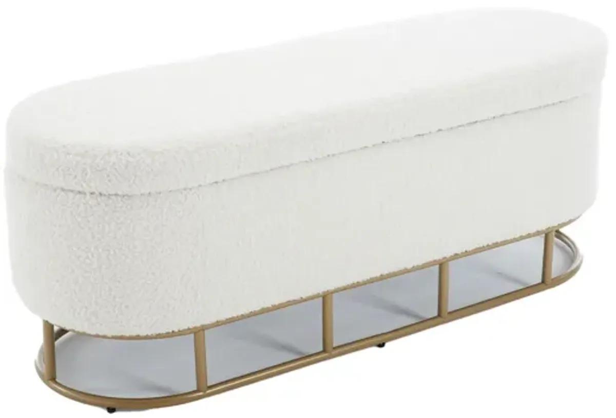 Oval Storage Bench For Living Room Bedroom End Of Bed, Sherpa Fabric Plush Upholstered Storage Ottoman Entryway Bench With Metal Legs