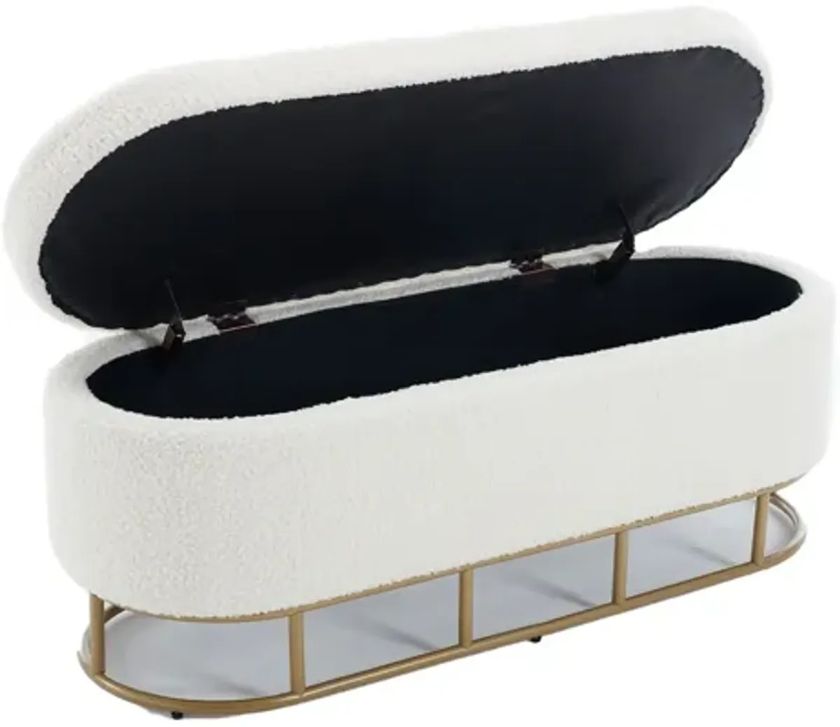 Oval Storage Bench For Living Room Bedroom End Of Bed, Sherpa Fabric Plush Upholstered Storage Ottoman Entryway Bench With Metal Legs