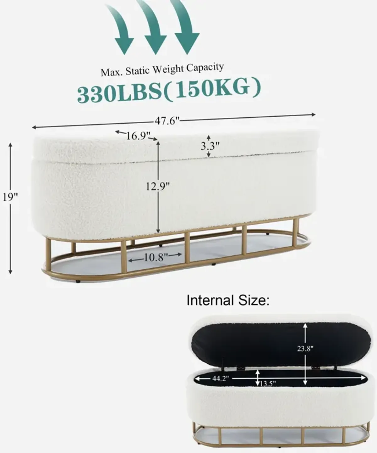 Oval Storage Bench For Living Room Bedroom End Of Bed, Sherpa Fabric Plush Upholstered Storage Ottoman Entryway Bench With Metal Legs