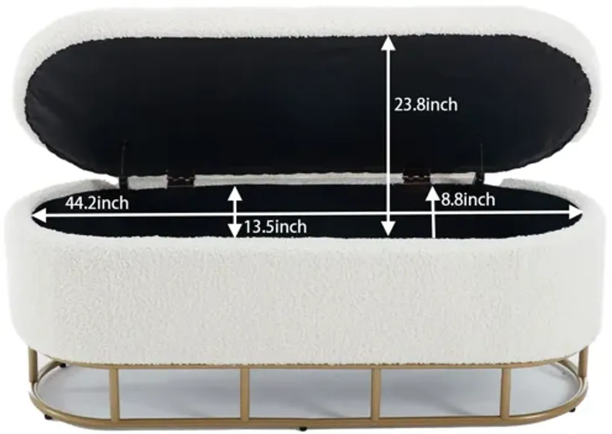 Oval Storage Bench For Living Room Bedroom End Of Bed, Sherpa Fabric Plush Upholstered Storage Ottoman Entryway Bench With Metal Legs