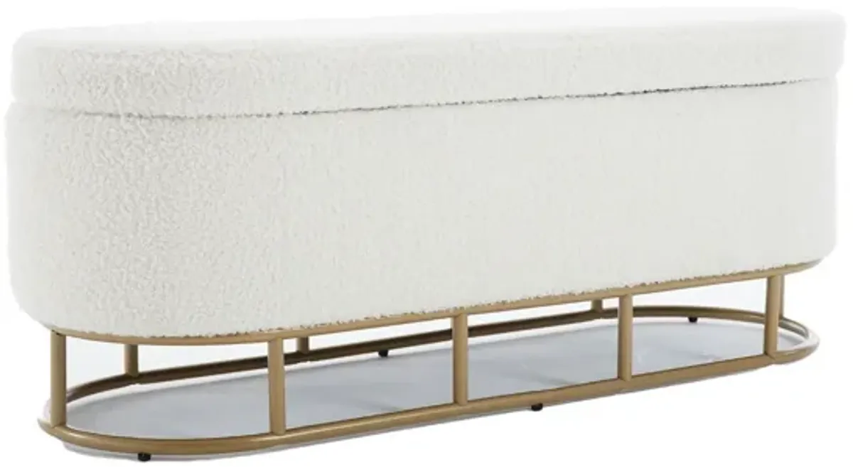 Oval Storage Bench For Living Room Bedroom End Of Bed, Sherpa Fabric Plush Upholstered Storage Ottoman Entryway Bench With Metal Legs