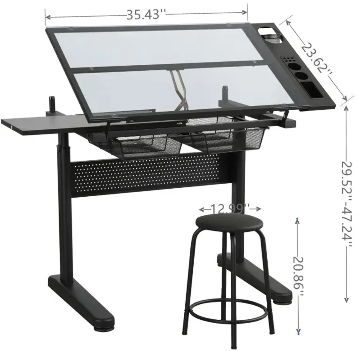 Hand Crank Adjustable Drafting Table Drawing Desk With 2 Metal Drawers With Stool