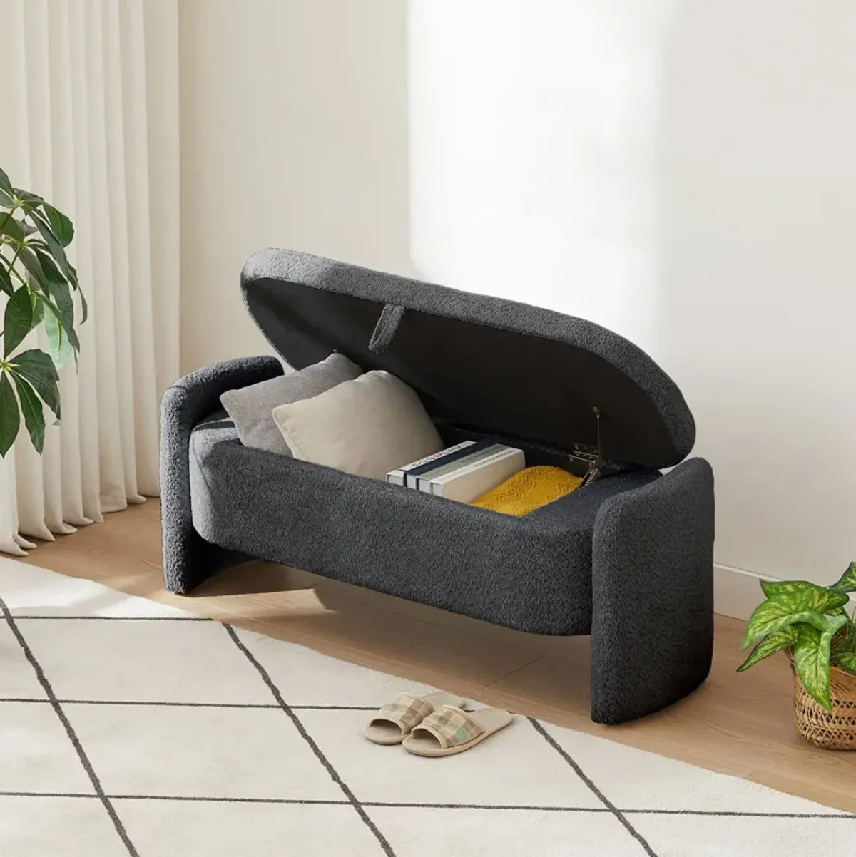 Ottoman Oval Storage Bench, 3D Lamb Fleece Bench With Large Storage Space For The Living Room, Entryway And Bedroom