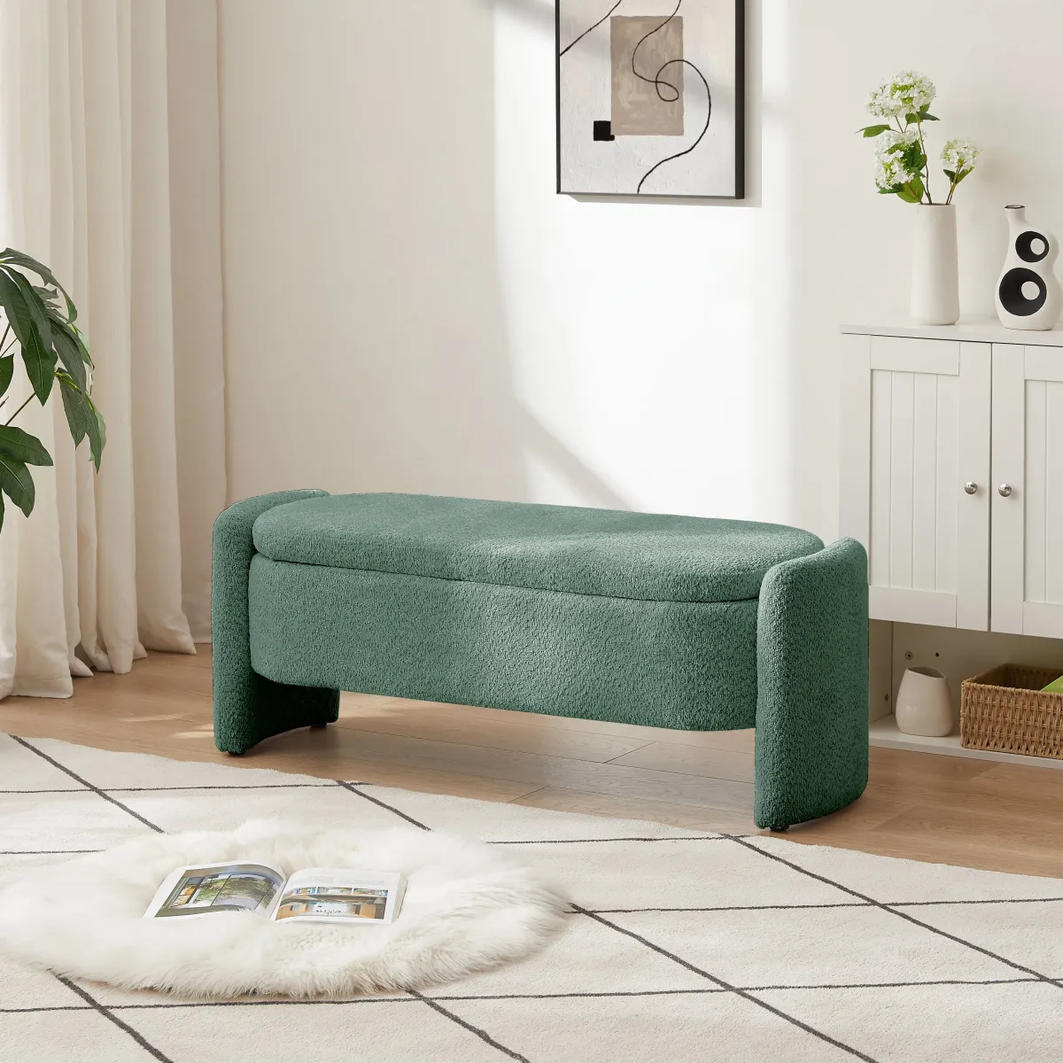 Ottoman Oval Storage Bench, 3D Lamb Fleece Bench With Large Storage Space For The Living Room, Entryway And Bedroom