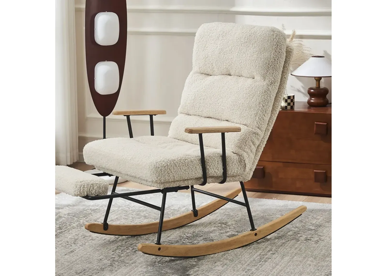 Modern Teddy Gliding Rocking Chair With High Back, Retractable Footrest, And Adjustable Back Angle For Nursery, Living Room, And Bedroom